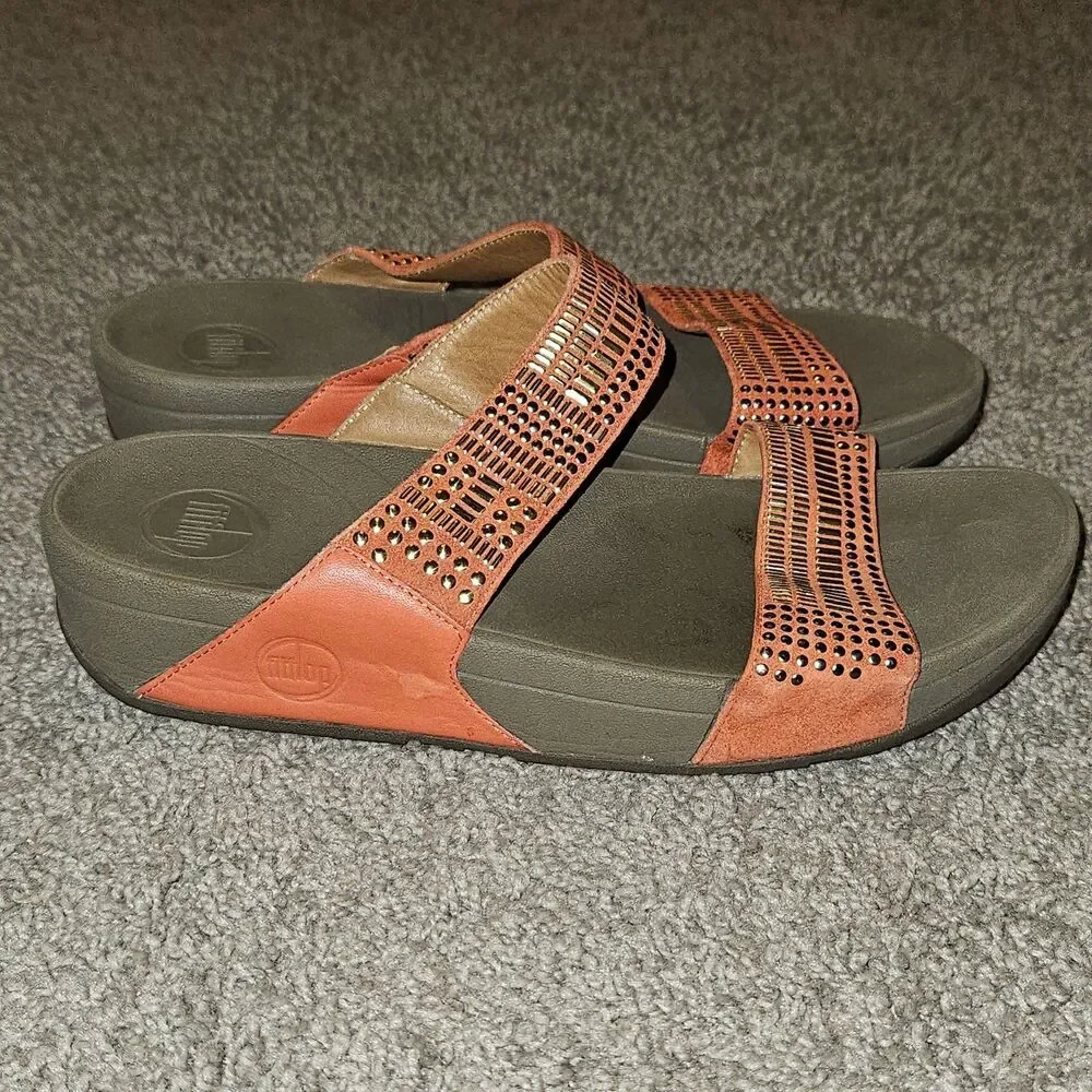 FitFlop Aztec Chada Orange Studded Slide Sandals Size 10 EUC